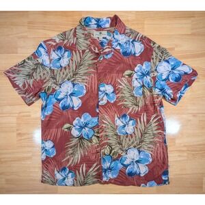 Island Shores Mens XL Hawaiian Shirt Red Blue Floral Hibiscus Rayon Button Up